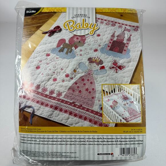 Cross Stitch Kit Fairytale Princess Crib Cover Baby Bucilla Stamped 47664 34x43 - Picture 1 of 11